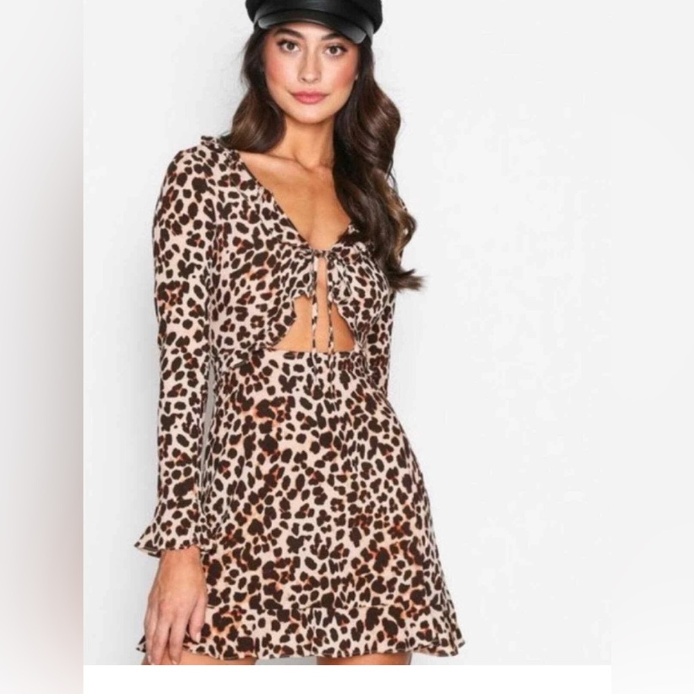 For Love and Lemons Leopard Silk Cut Out Long Sleeve Dress Mini Dress size Large
